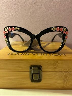 Black Cat-Eye Sunglasses with Pink Floral & Gold Leaf Accents